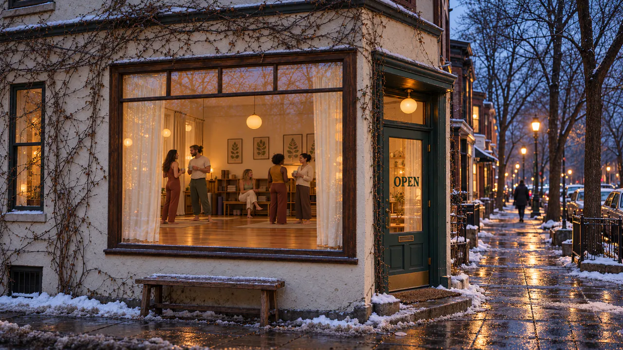 Soir d’hiver enneigé, cinq personnes qui discutent, tasse à la main, dans la vitrine éclairée du studio